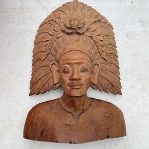 Bali Hand Carved Wood Woman Goddess Bust Head VINTAGE Large 15”